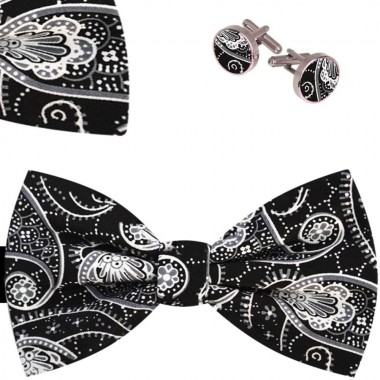 Set papion barbati, batista, butoni, negru cu model floral alb